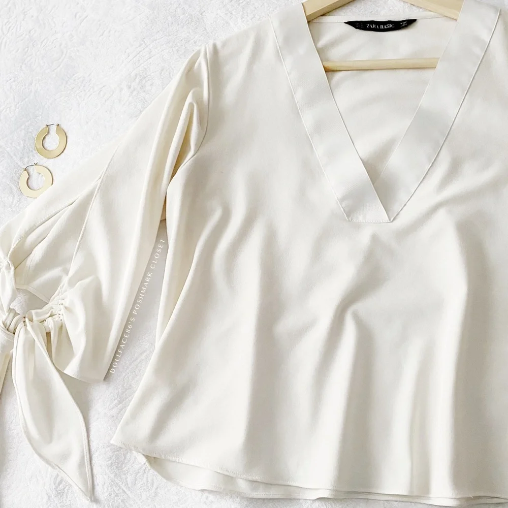 Zara Off White Tied Bell Sleeve V Neck Top - Picture 2 of 11